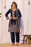 Joban Fashion Blue Velvet Embroidery Sequence Work Readymade Kurta Set | Grocsy