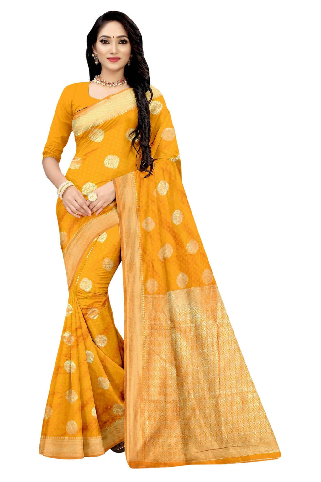 Vamika Weaving Banarasi Jacquard Mustard Saree | Grocsy