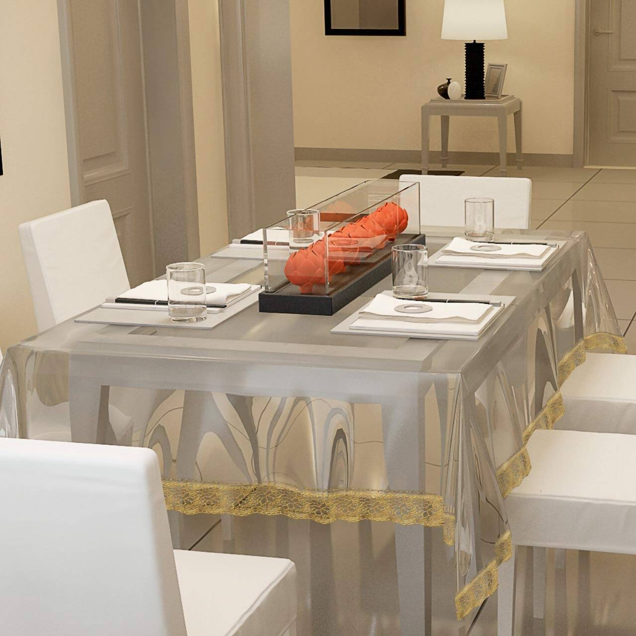 Casa-Nest Thick Pvc Golden Lace Waterproof Rectangular 8 Seater Dining Table Cover | Grocsy