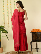 Myshka Women's Pink Velvet Kurti & Sharara With Dupatta Party Sets | Grocsy
