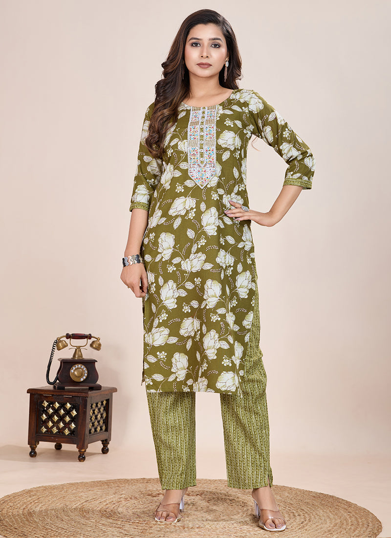 Prazu Fashion Mahendi Printed Cotton Blend Kurta Pant Set | Grocsy