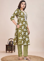 Prazu Fashion Mahendi Printed Cotton Blend Kurta Pant Set | Grocsy