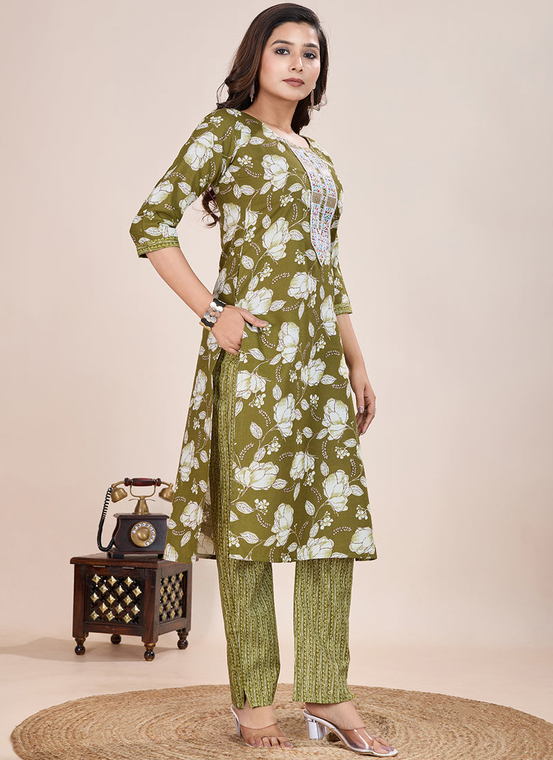 Prazu Fashion Mahendi Printed Cotton Blend Kurta Pant Set | Grocsy