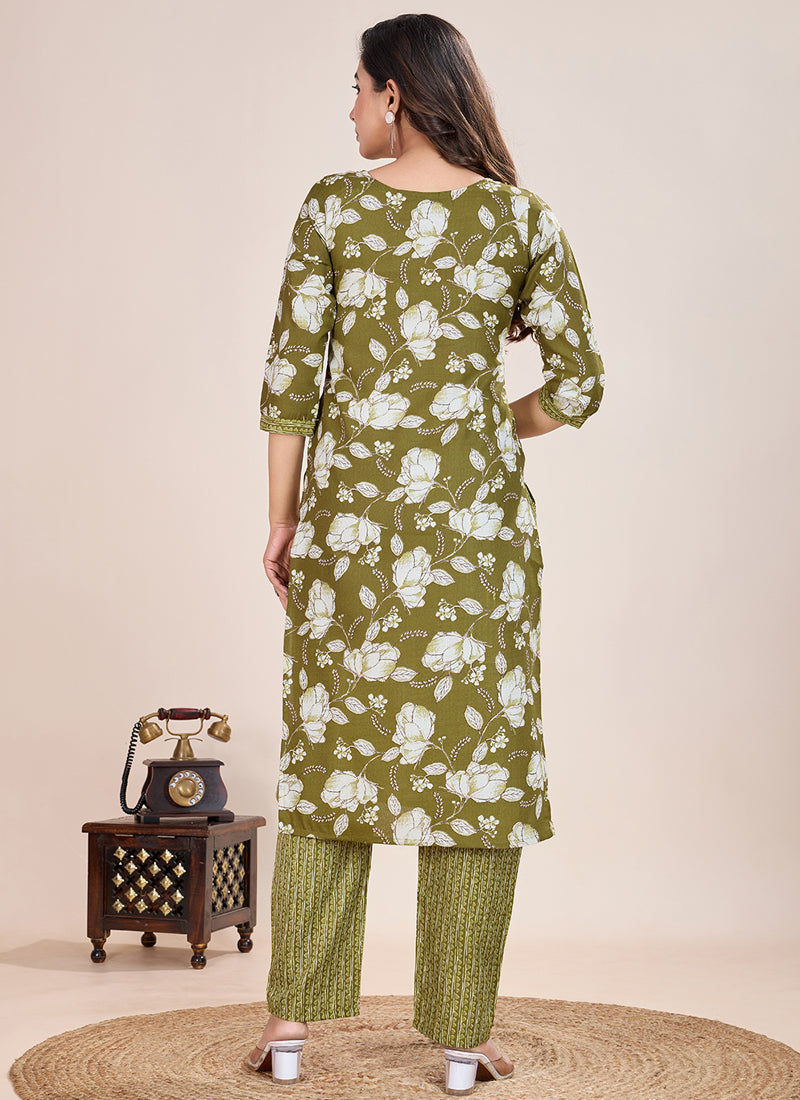 Prazu Fashion Mahendi Printed Cotton Blend Kurta Pant Set | Grocsy