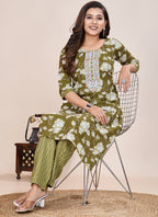 Prazu Fashion Mahendi Printed Cotton Blend Kurta Pant Set | Grocsy