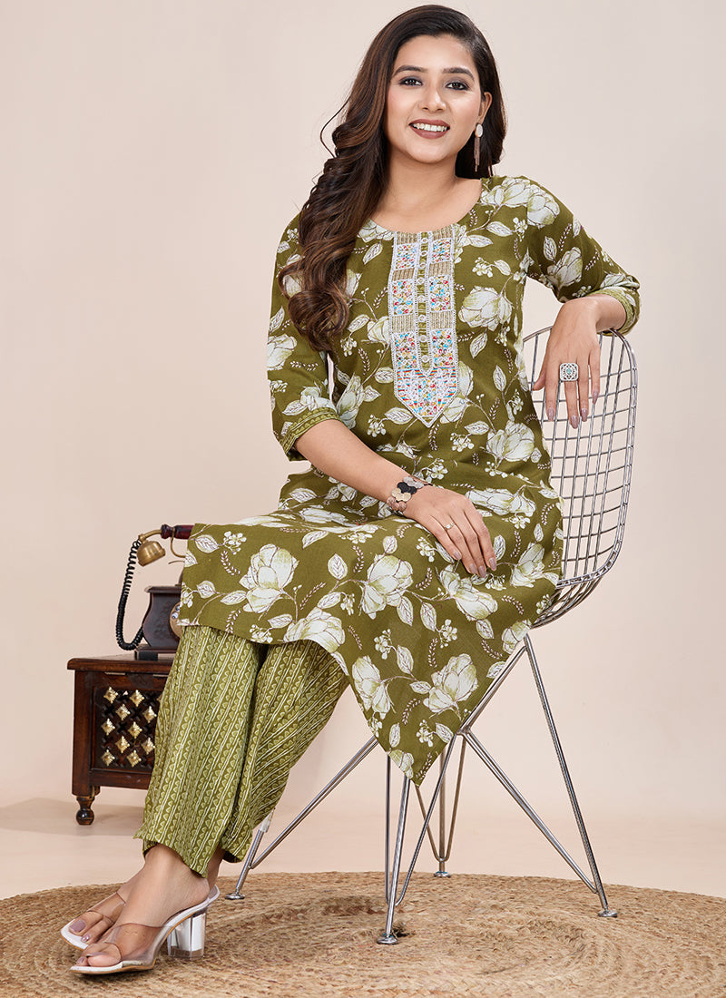 Prazu Fashion Mahendi Printed Cotton Blend Kurta Pant Set | Grocsy