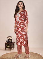 Prazu Fashion Orange Printed Cotton Blend Kurta Pant Set | Grocsy