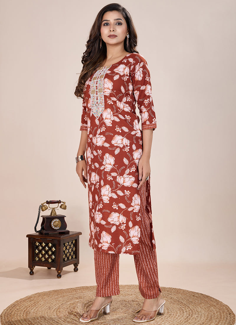 Prazu Fashion Orange Printed Cotton Blend Kurta Pant Set | Grocsy