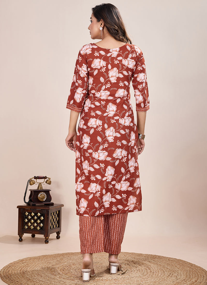 Prazu Fashion Orange Printed Cotton Blend Kurta Pant Set | Grocsy