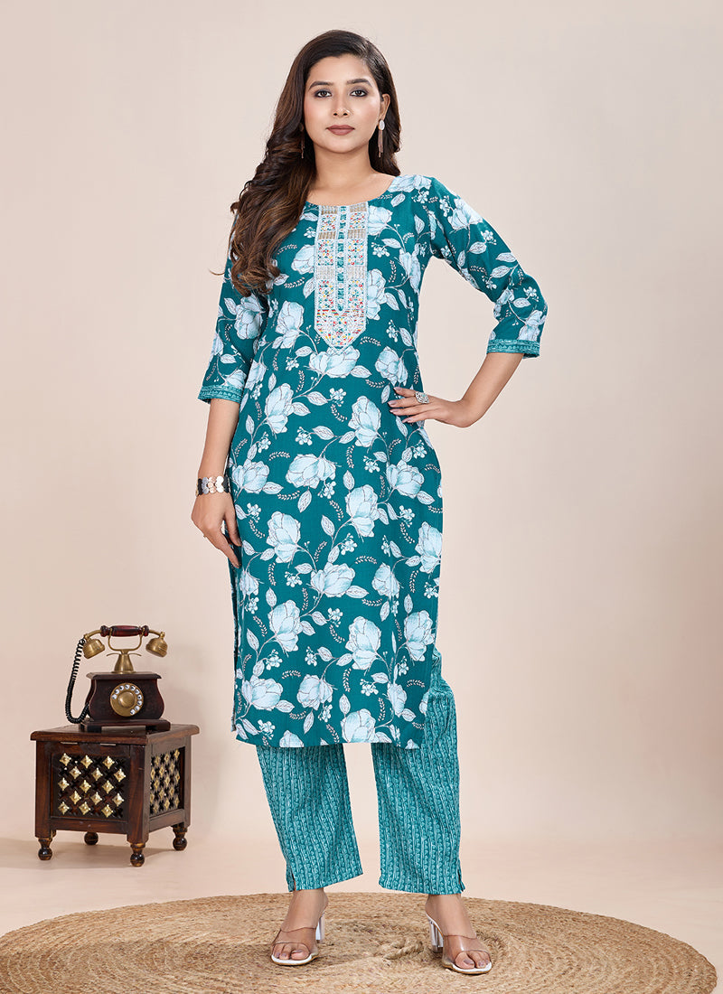 Prazu Fashion Turquoise Printed Cotton Blend Kurta Pant Set | Grocsy