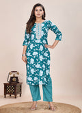 Prazu Fashion Turquoise Printed Cotton Blend Kurta Pant Set | Grocsy