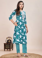 Prazu Fashion Turquoise Printed Cotton Blend Kurta Pant Set | Grocsy