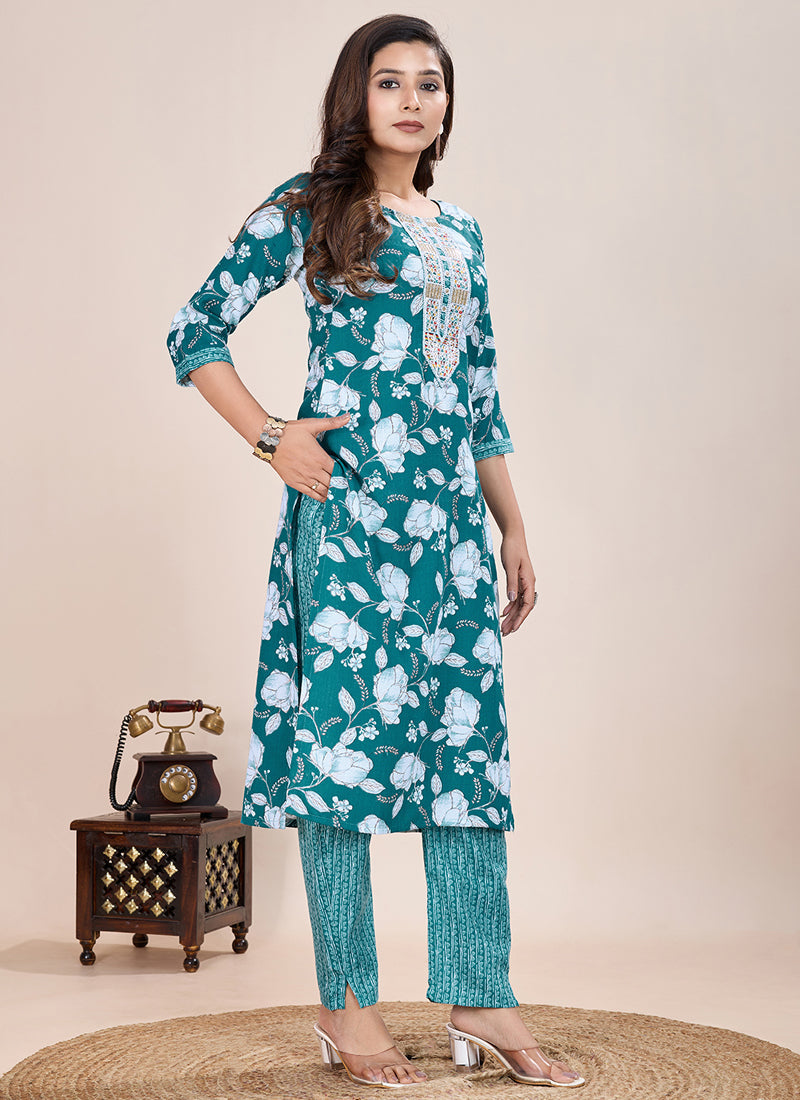 Prazu Fashion Turquoise Printed Cotton Blend Kurta Pant Set | Grocsy