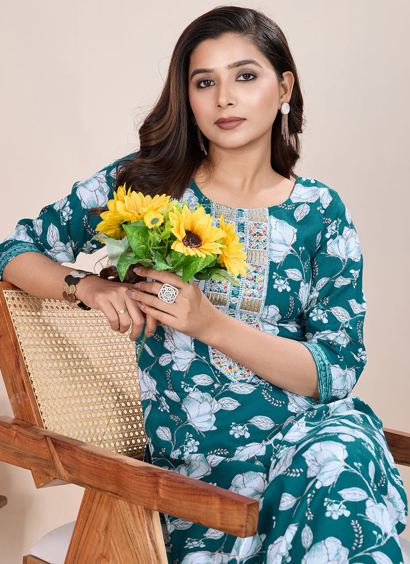 Prazu Fashion Turquoise Printed Cotton Blend Kurta Pant Set | Grocsy