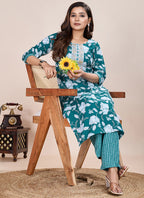 Prazu Fashion Turquoise Printed Cotton Blend Kurta Pant Set | Grocsy