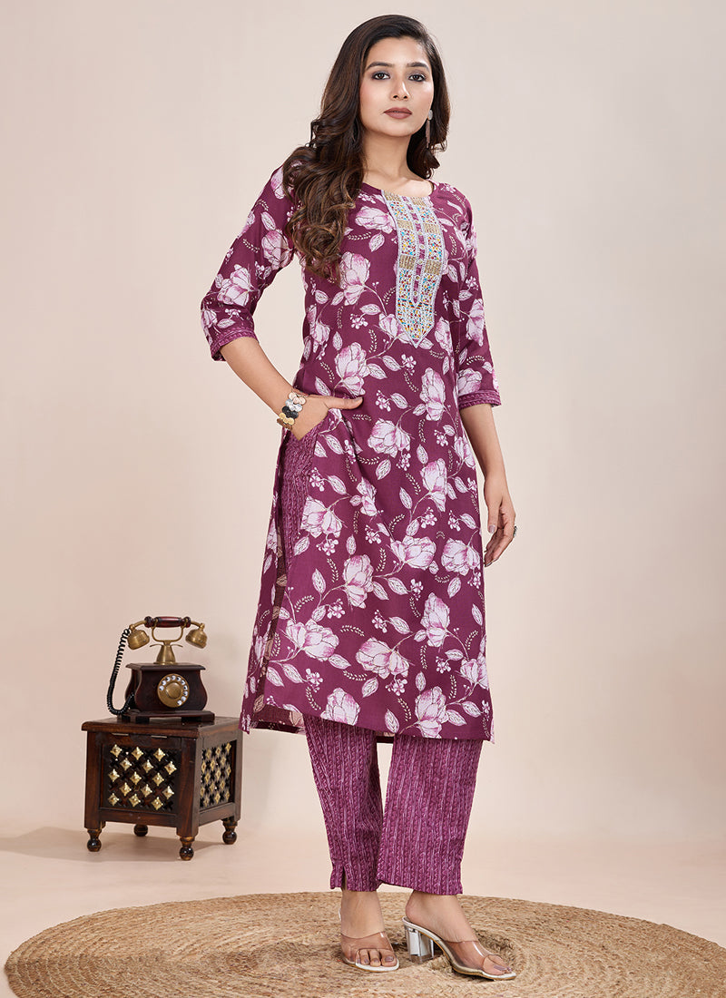 Prazu Fashion Wine Printed Cotton Blend Kurta Pant Set | Grocsy