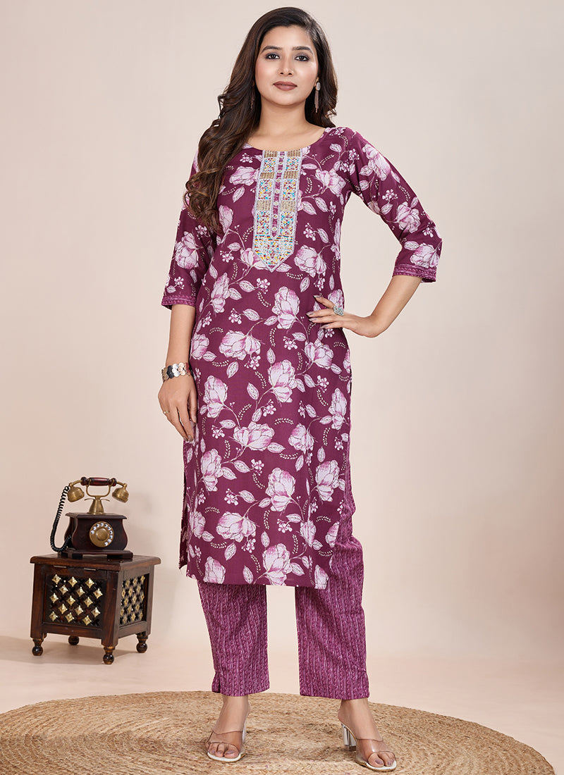 Prazu Fashion Wine Printed Cotton Blend Kurta Pant Set | Grocsy