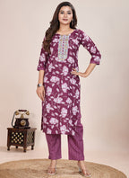 Prazu Fashion Wine Printed Cotton Blend Kurta Pant Set | Grocsy