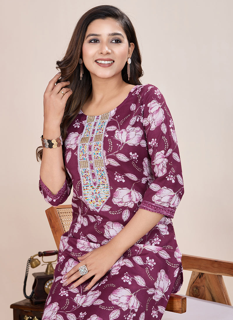 Prazu Fashion Wine Printed Cotton Blend Kurta Pant Set | Grocsy