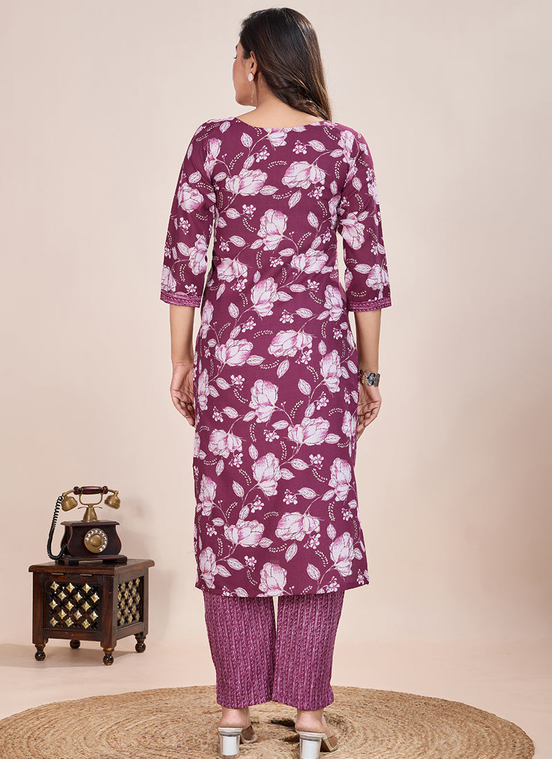 Prazu Fashion Wine Printed Cotton Blend Kurta Pant Set | Grocsy
