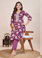 Prazu Fashion Wine Printed Cotton Blend Kurta Pant Set | Grocsy