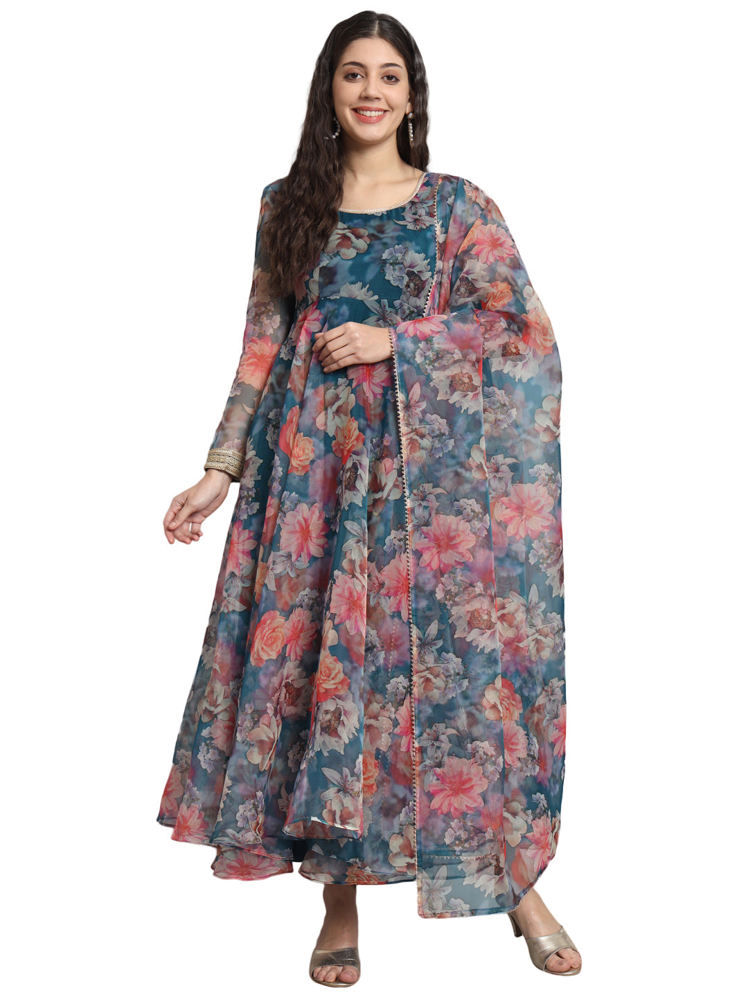 Fab Fashion Organza Floral Blue Gota Anarkali | Grocsy