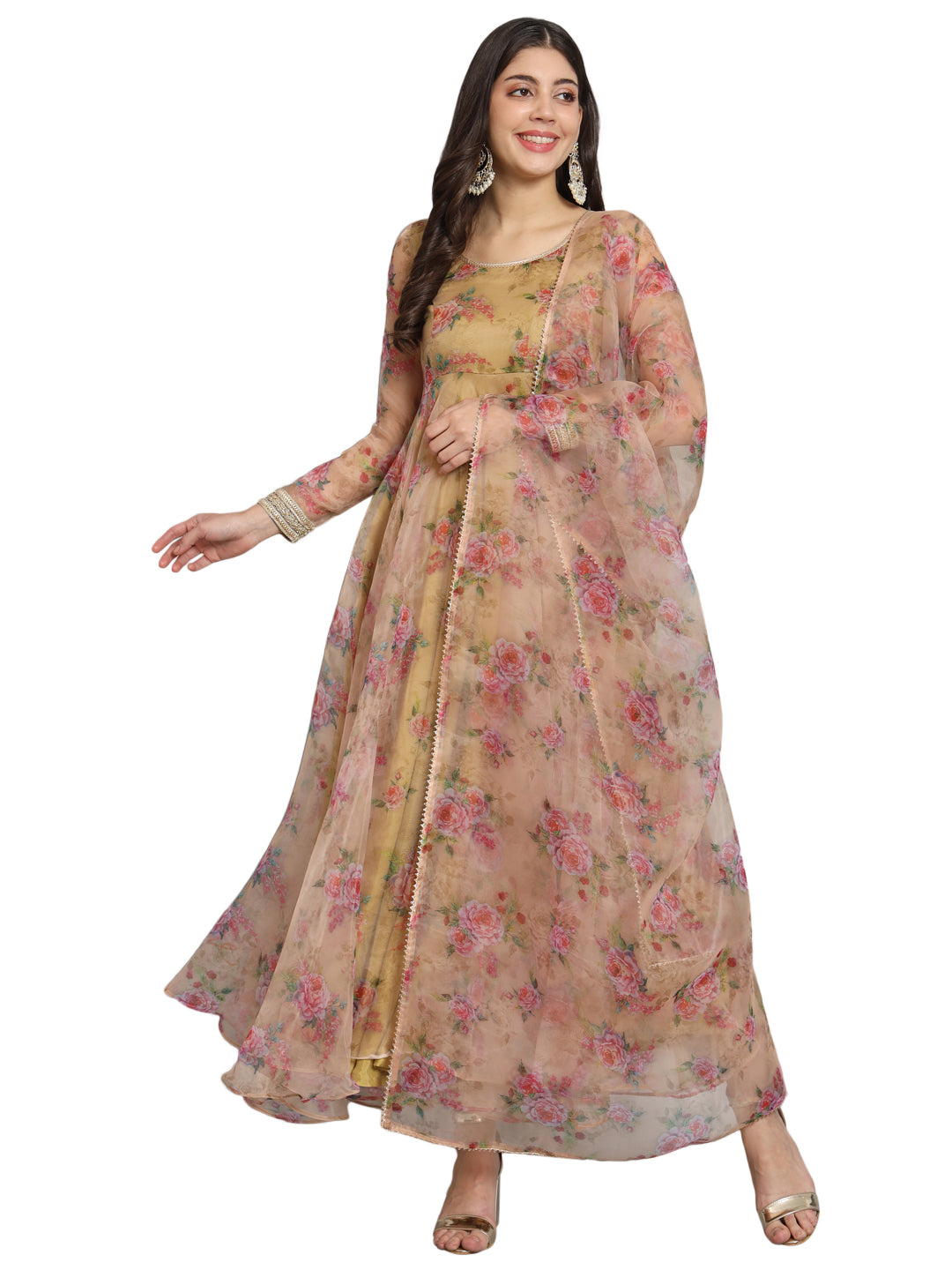 Fab Fashion Pink Floral Golden Organza Anarkali Set | Grocsy