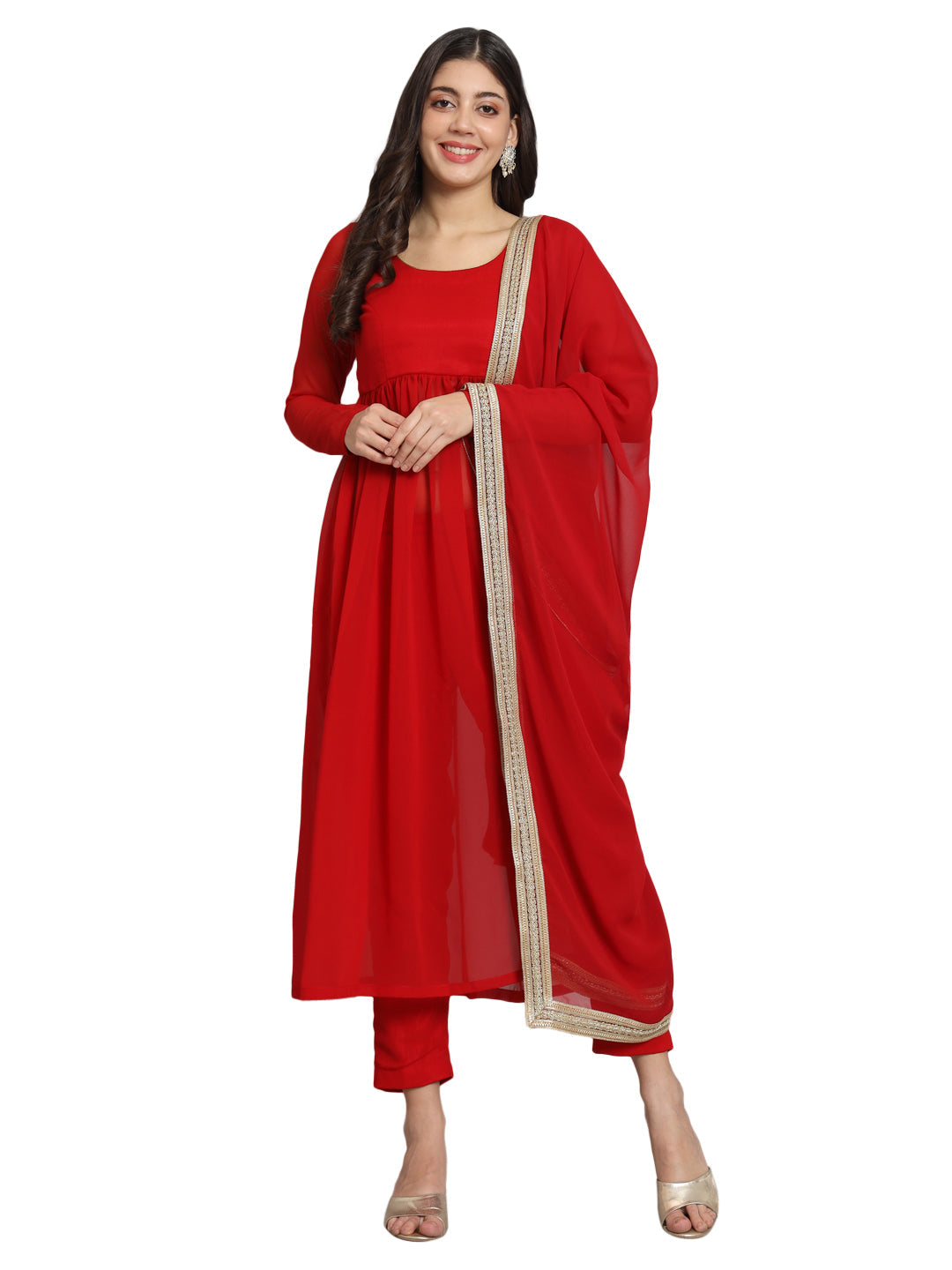 Fab Fashion Cherry Red Georgette Side Slit Set | Grocsy
