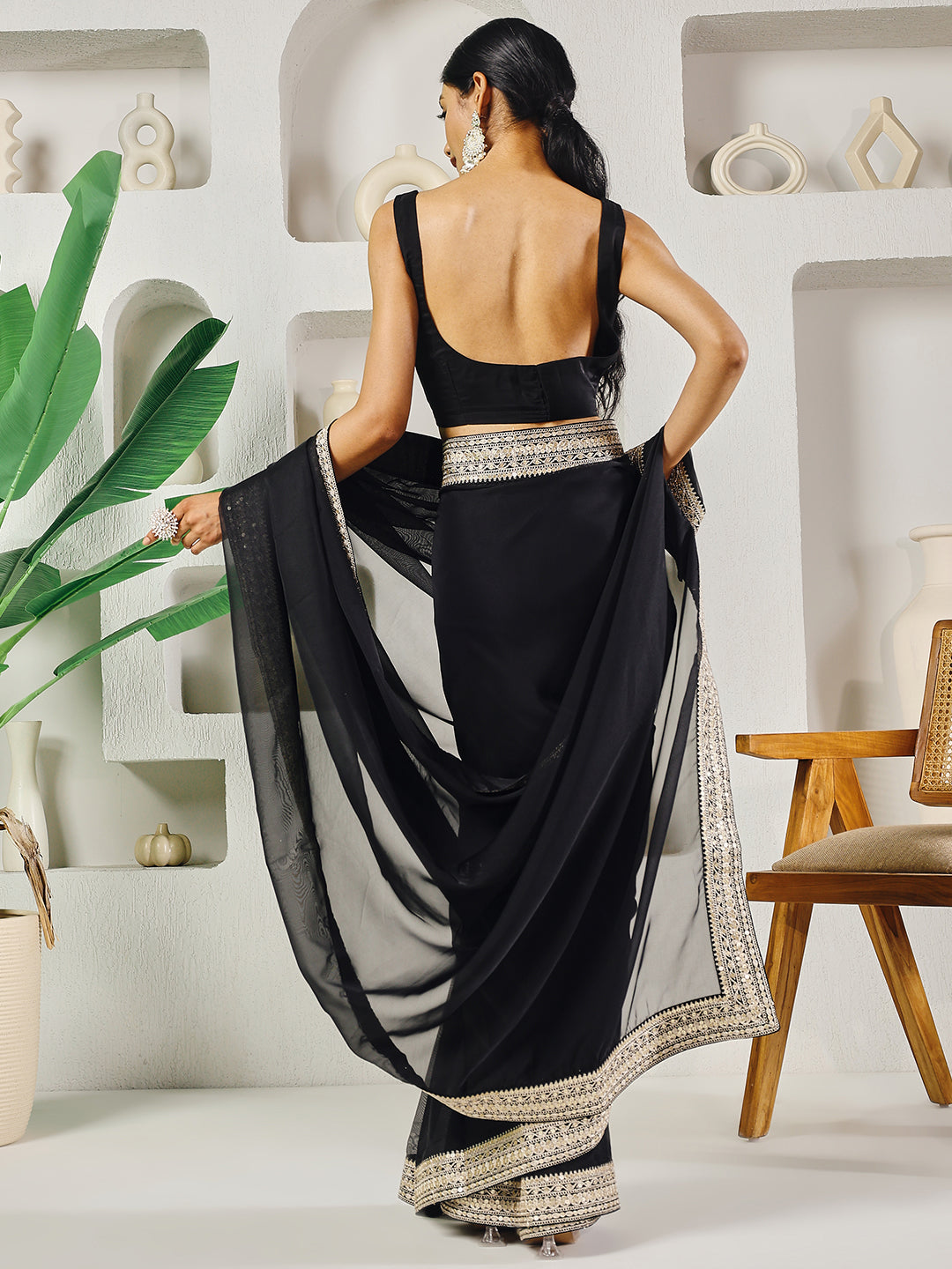 Fab Fashion Black Solid Ready to Wear Saree With Blouse | Grocsy