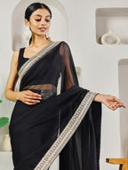 Fab Fashion Black Solid Ready to Wear Saree With Blouse | Grocsy