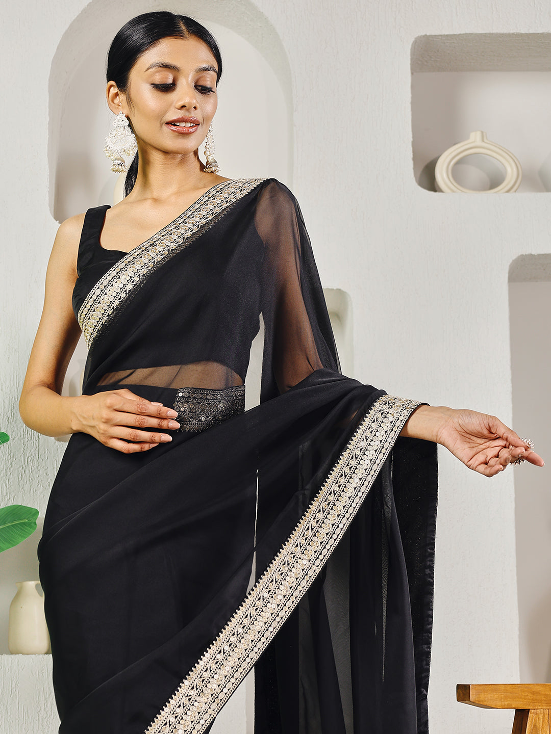 Fab Fashion Black Solid Ready to Wear Saree With Blouse | Grocsy