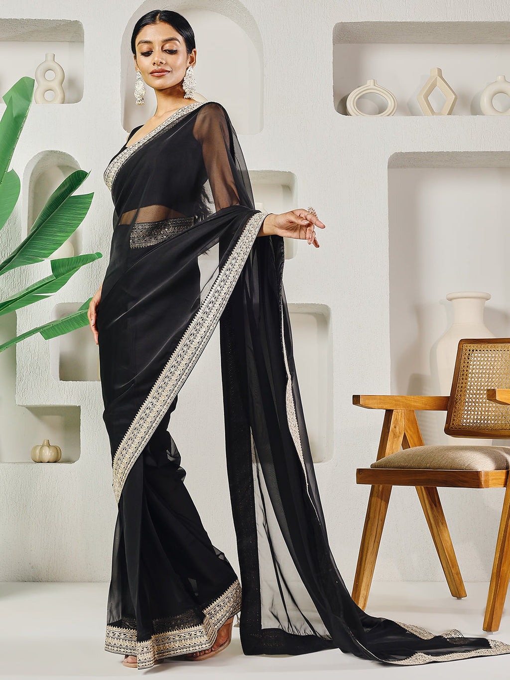 Fab Fashion Black Solid Ready to Wear Saree With Blouse | Grocsy