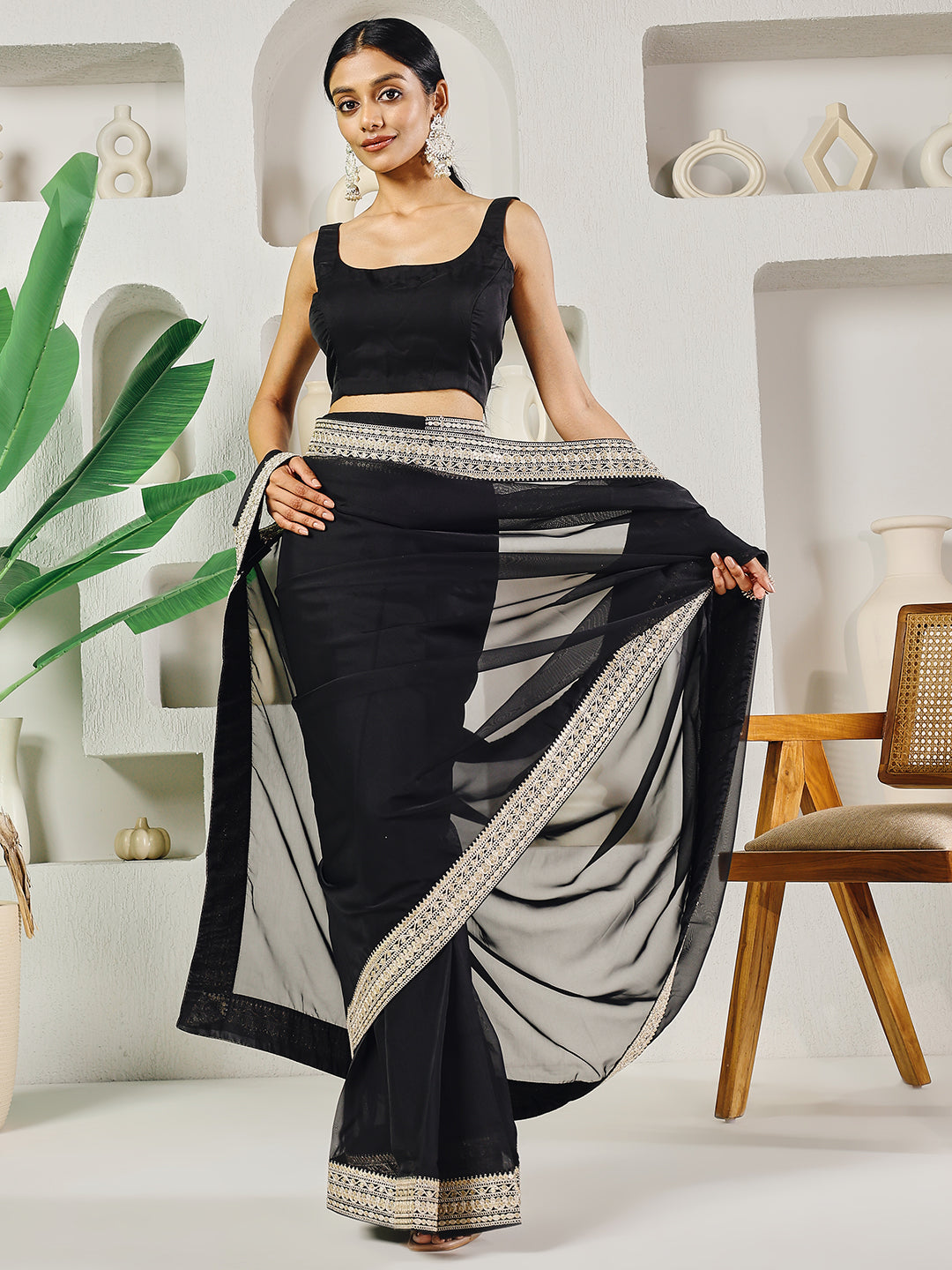Fab Fashion Black Solid Ready to Wear Saree With Blouse | Grocsy