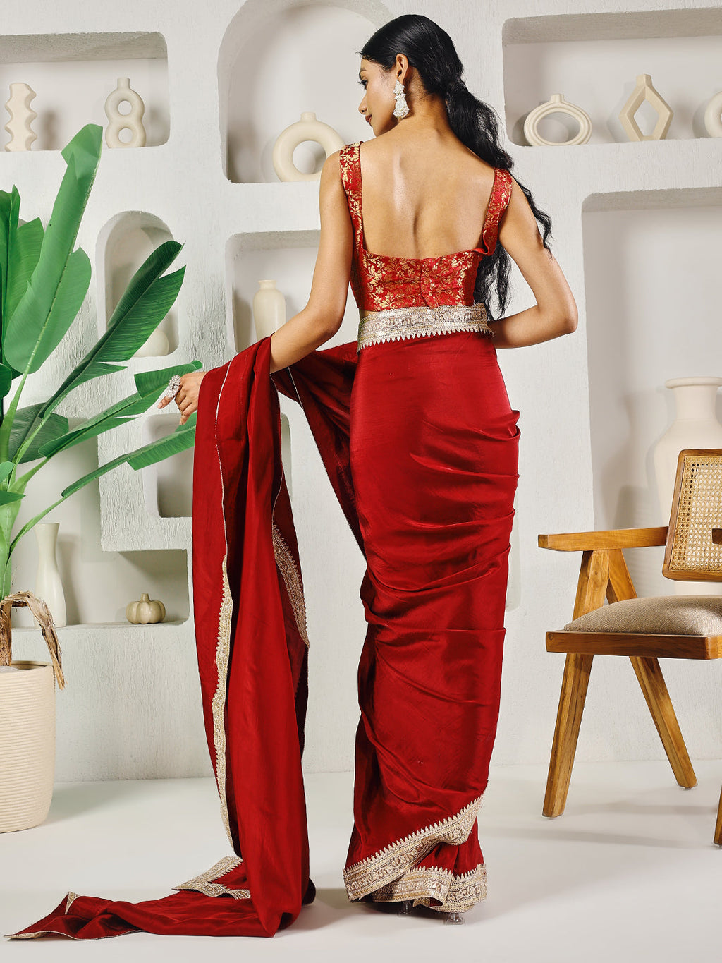 Fab Fashion Red Upara Ready to Wear Saree With Blouse | Grocsy