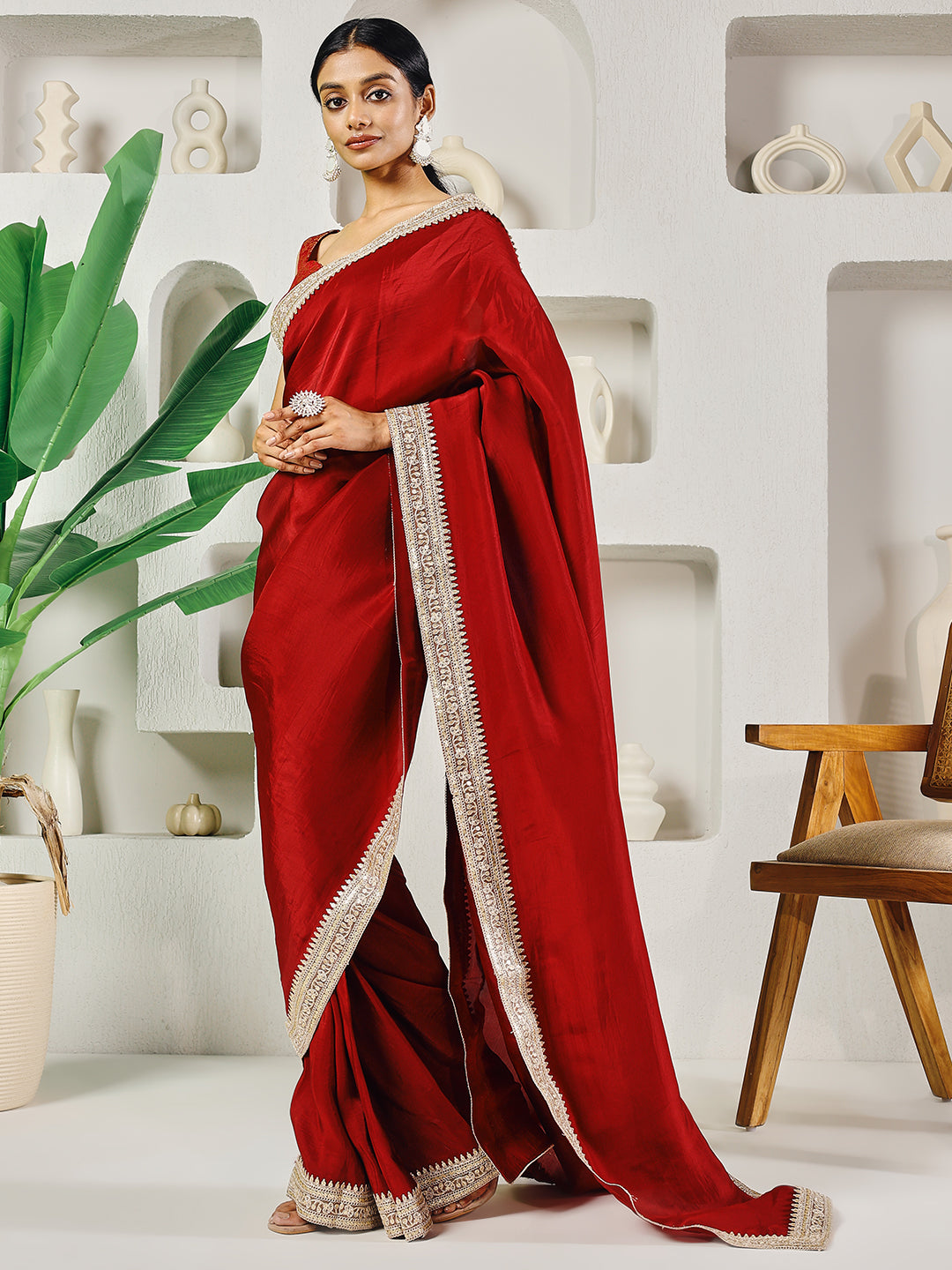 Fab Fashion Red Upara Ready to Wear Saree With Blouse | Grocsy