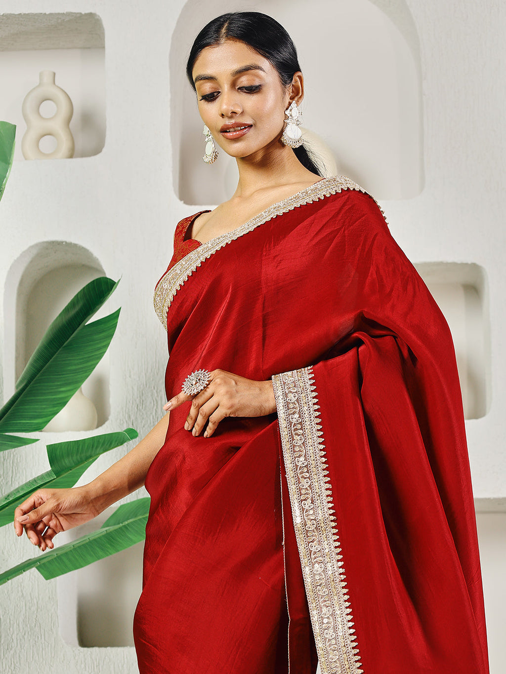 Fab Fashion Red Upara Ready to Wear Saree With Blouse | Grocsy
