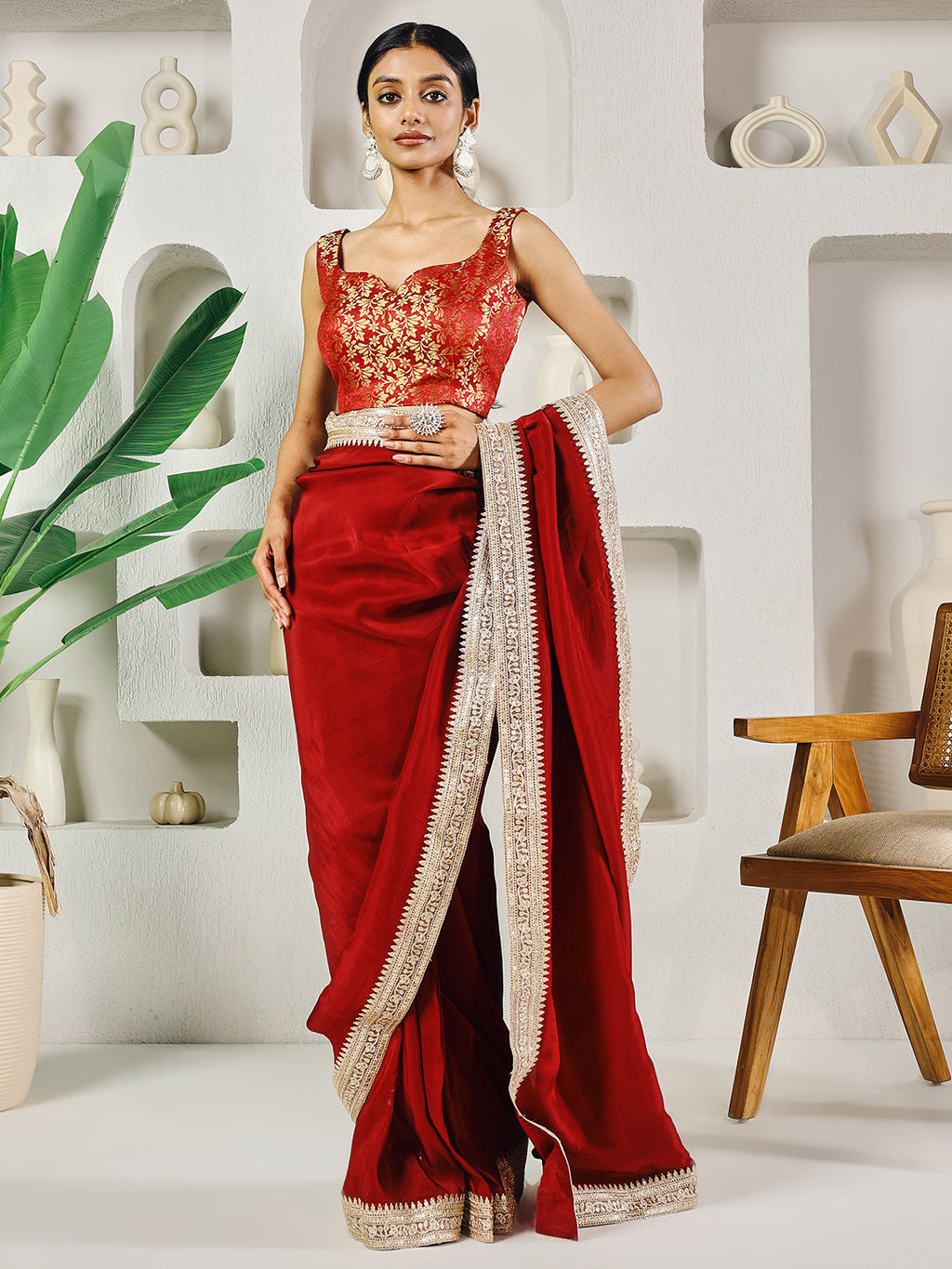 Fab Fashion Red Upara Ready to Wear Saree With Blouse | Grocsy