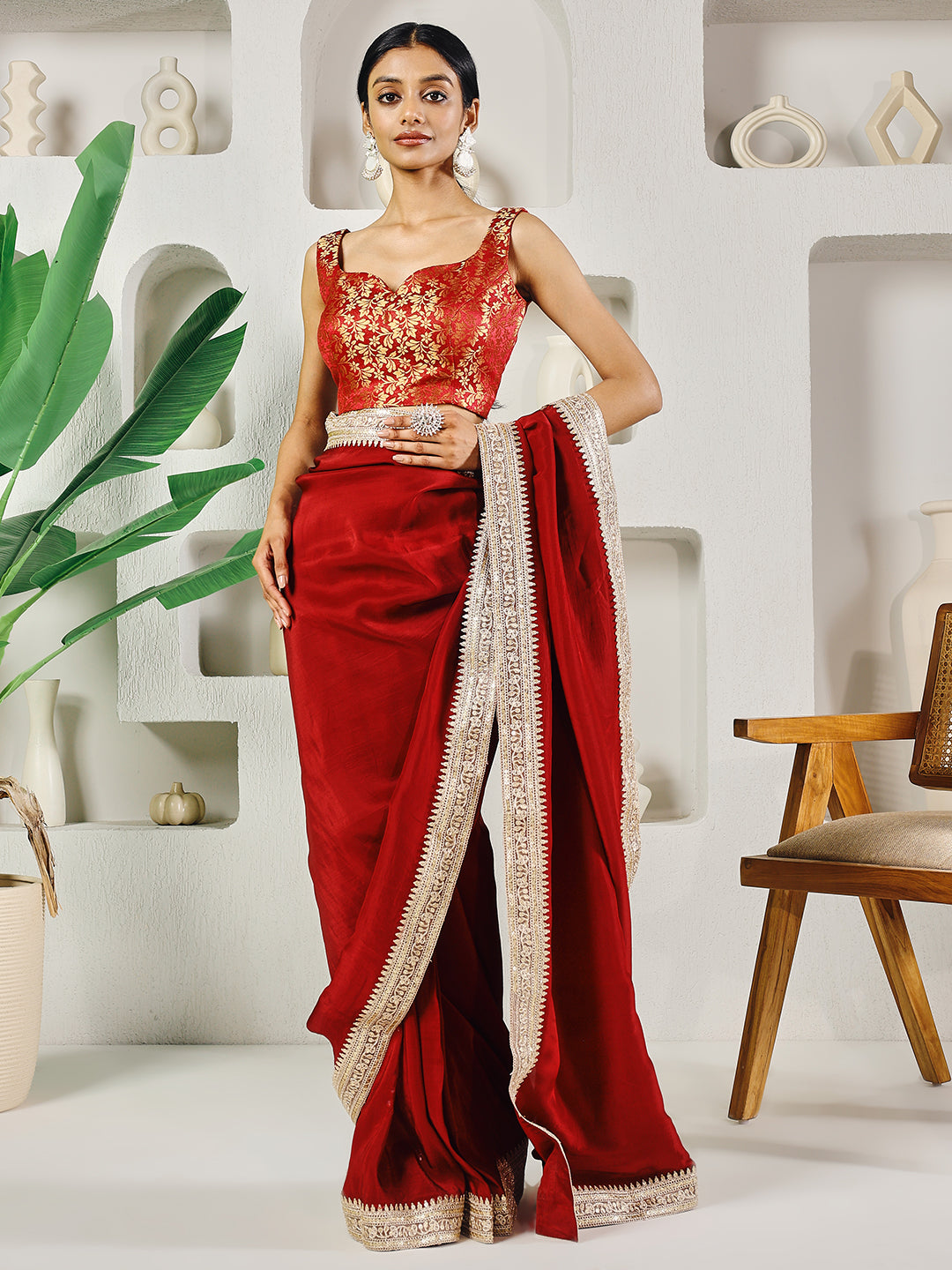 Fab Fashion Red Upara Ready to Wear Saree With Blouse | Grocsy
