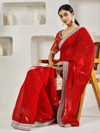 Fab Fashion Red Solid Ready to Wear Saree With Blouse | Grocsy