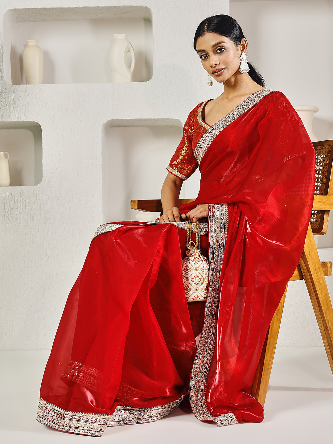 Fab Fashion Red Solid Ready to Wear Saree With Blouse | Grocsy