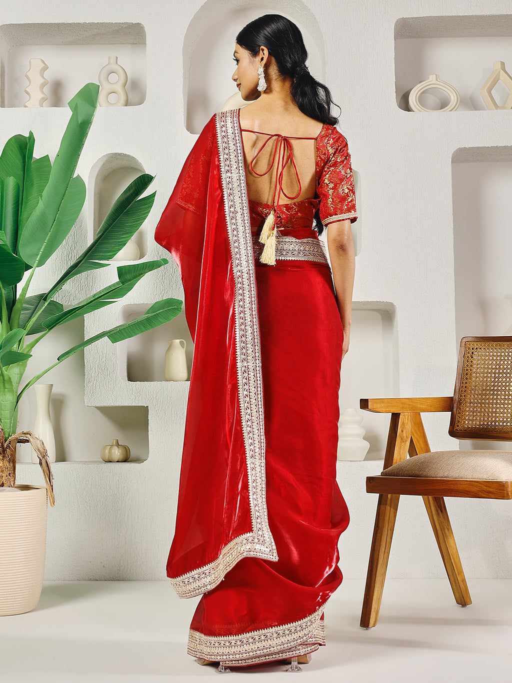 Fab Fashion Red Solid Ready to Wear Saree With Blouse | Grocsy