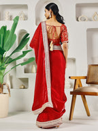 Fab Fashion Red Solid Ready to Wear Saree With Blouse | Grocsy