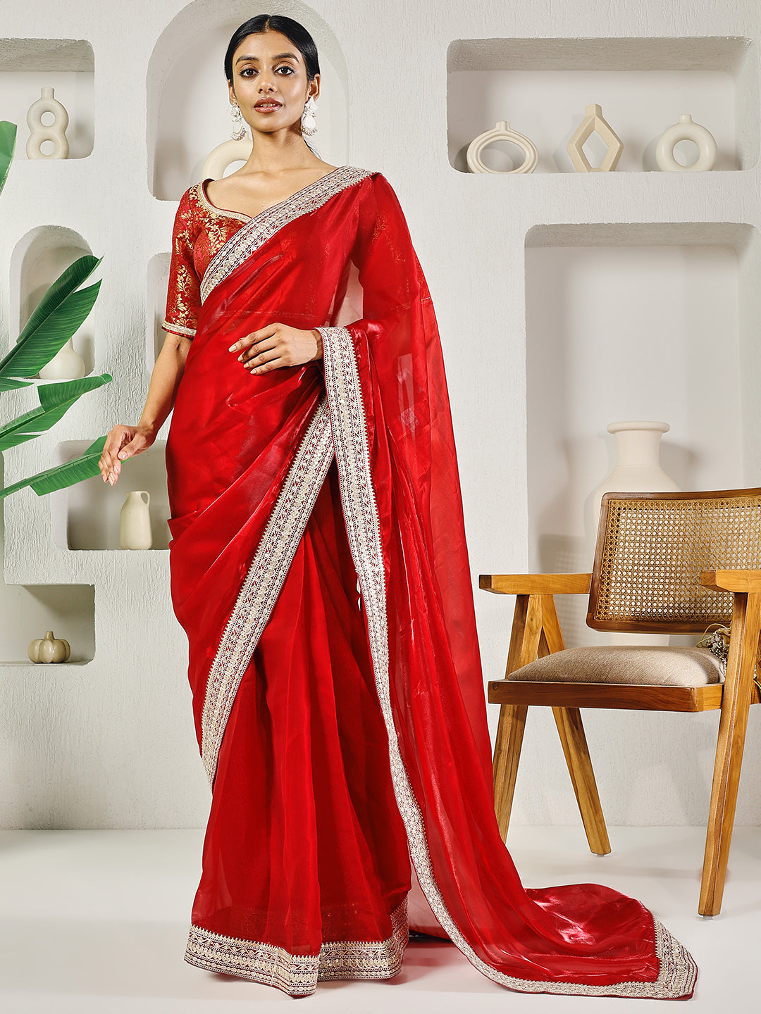 Fab Fashion Red Solid Ready to Wear Saree With Blouse | Grocsy