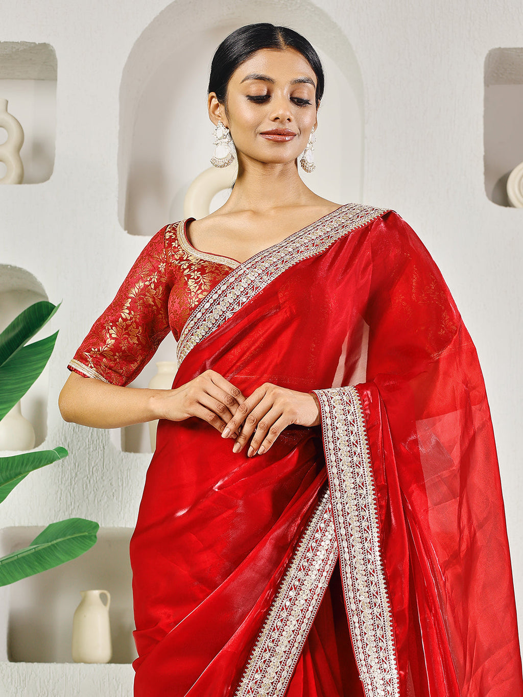 Fab Fashion Red Solid Ready to Wear Saree With Blouse | Grocsy