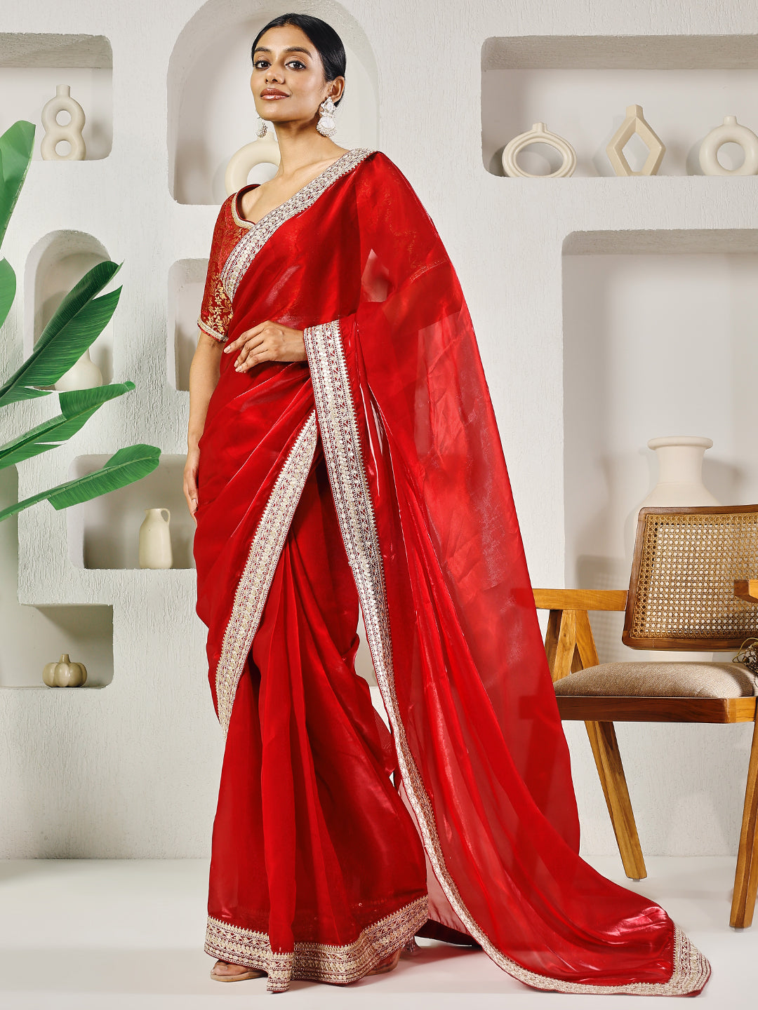 Fab Fashion Red Solid Ready to Wear Saree With Blouse | Grocsy
