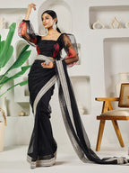 Fab Fashion Black Organza Ready to Wear Saree with Blouse | Grocsy