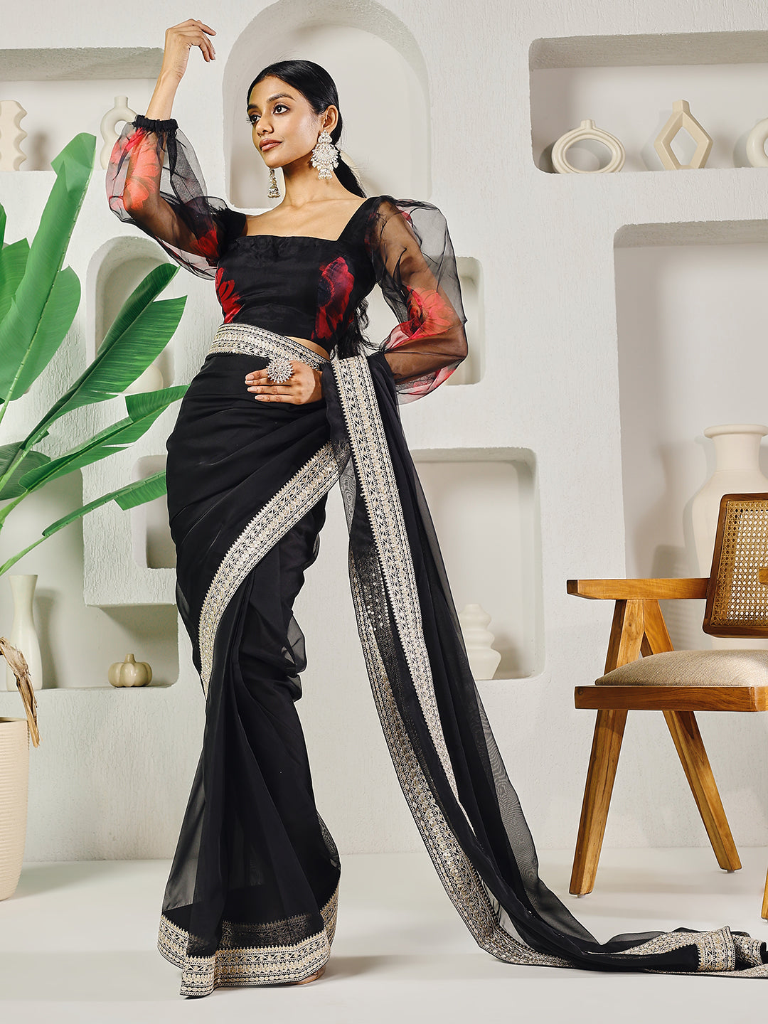 Fab Fashion Black Organza Ready to Wear Saree with Blouse | Grocsy