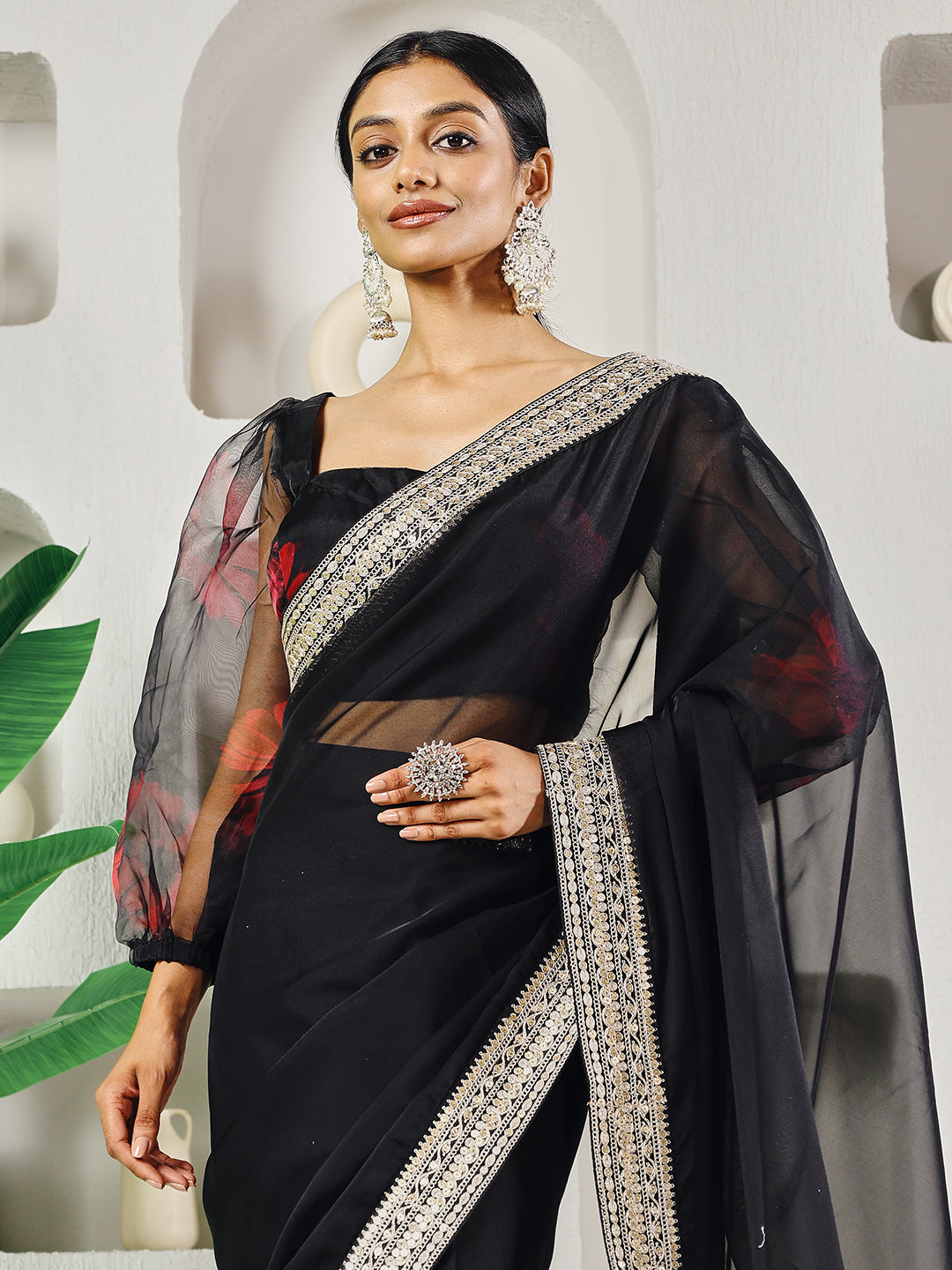 Fab Fashion Black Organza Ready to Wear Saree with Blouse | Grocsy