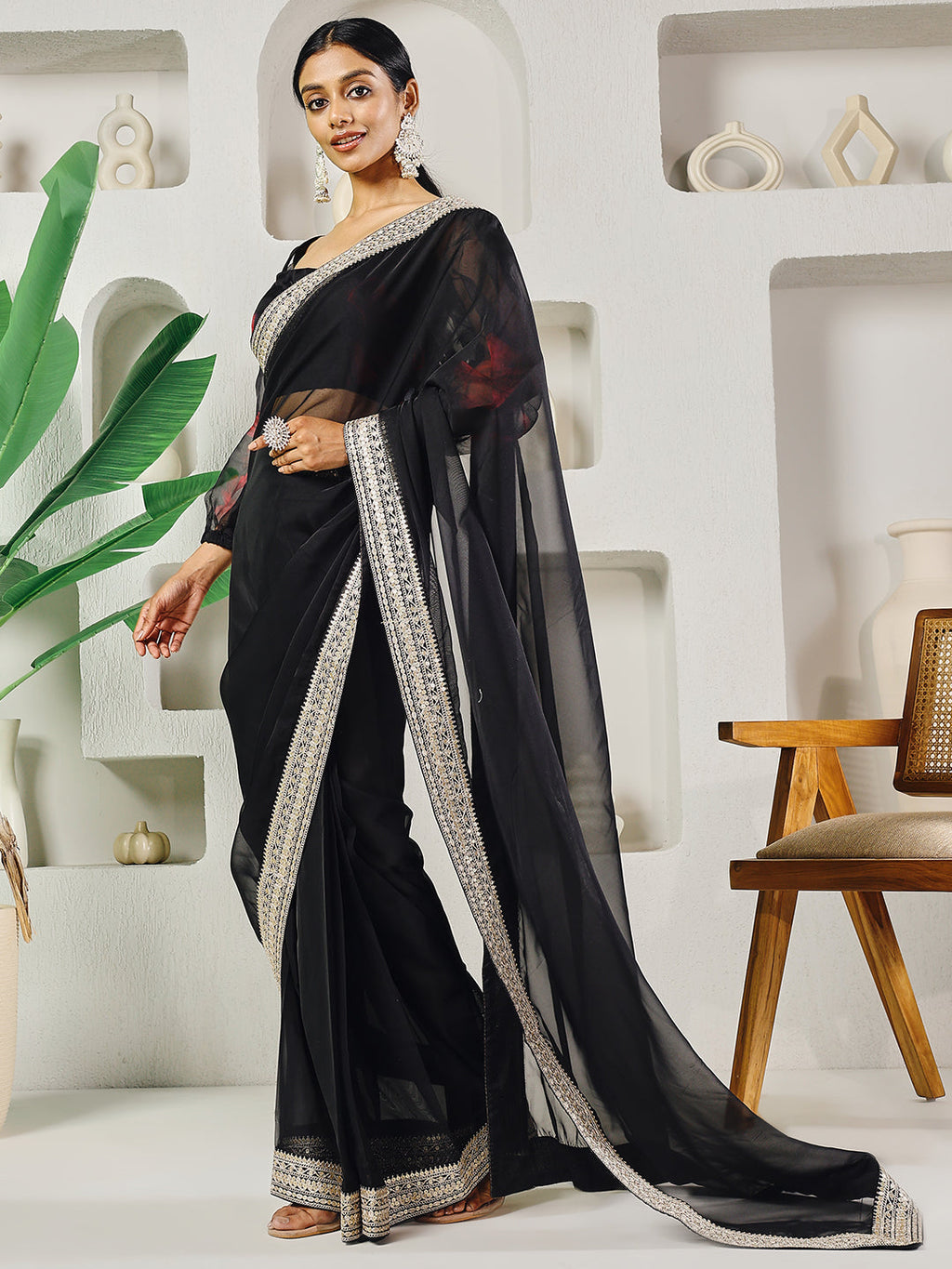 Fab Fashion Black Organza Ready to Wear Saree with Blouse | Grocsy