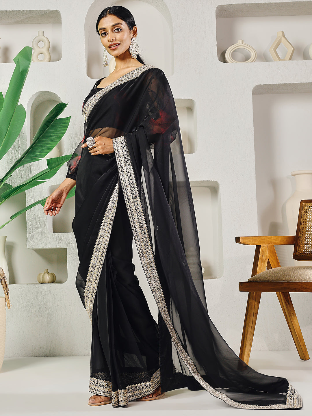 Fab Fashion Black Organza Ready to Wear Saree with Blouse | Grocsy